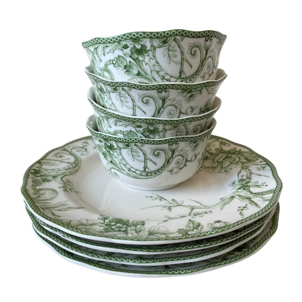 222 Fifth Adelaide MOSS Porcelain Dinner Plates 10.5in Floral Set of 4 New - Picture 11 of 16